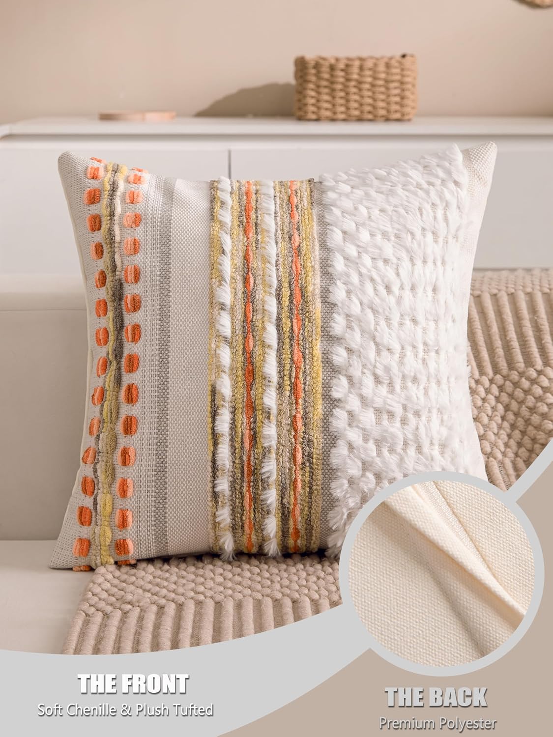 Fall Boho Chenille Tufted Throw Pillow Covers 18x18 Inch Set of 2 Farmhouse Striped Couch Decorative Pillow Covers Accent Neutral…
