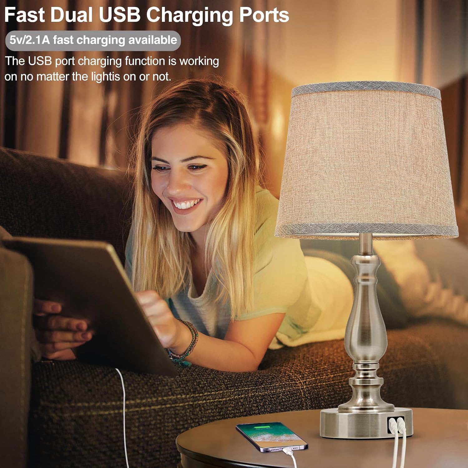 EJIAXIN Table Lamps for Bedroom Set of 2, Dimmable Touch Bedside Lamps with Dual USB A+C Ports - Nightstand Lamp for End Table Modern…