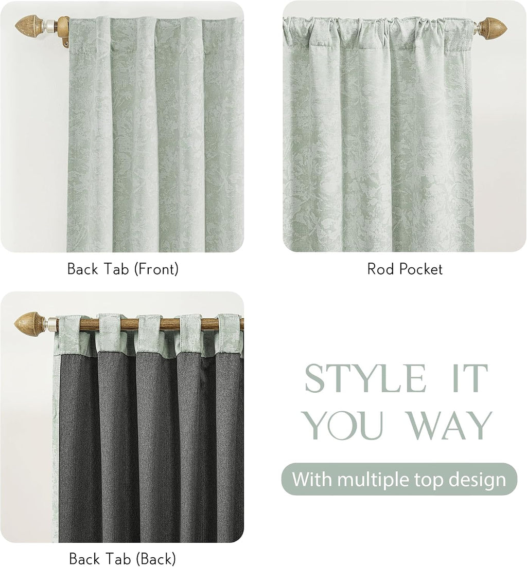 Beauoop Green Floral Jacquard Blackout Curtains 63 Inches Long 2 Panels for Bedroom Living Room Chenille Flower Room Darkening Thermal…
