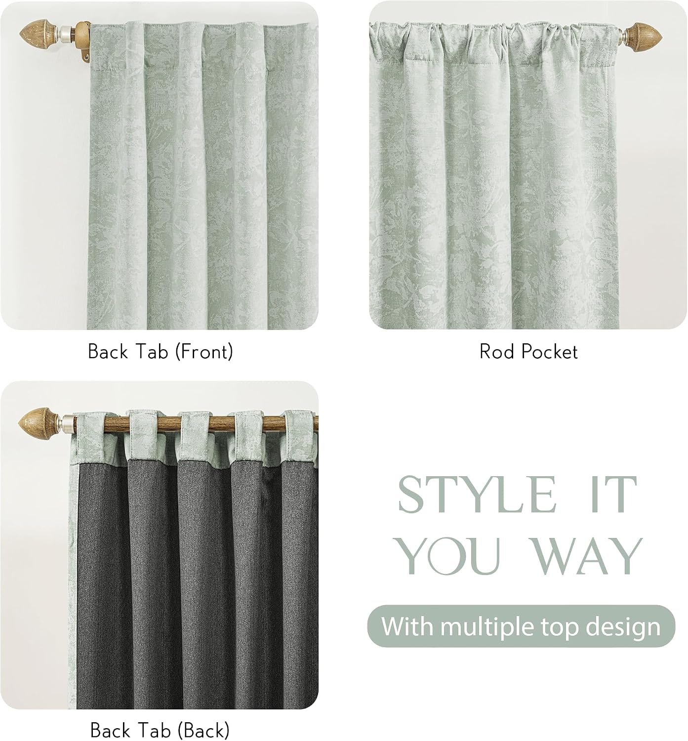 Beauoop Green Floral Jacquard Blackout Curtains 63 Inches Long 2 Panels for Bedroom Living Room Chenille Flower Room Darkening Thermal…