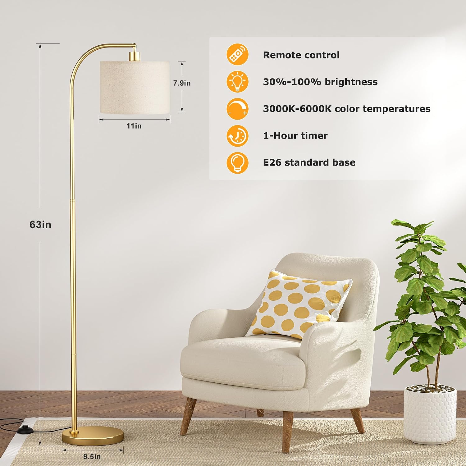 Ambimall Arc Floor Lamp with Remote and Stepless Dimmable Bulb, Colors Temperature & Brightness Adjustable, Gold Floor Lamps for Living Roo…