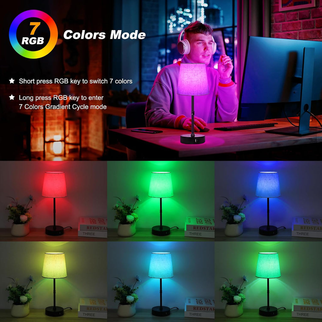 Ascher Bedside Table Lamp Set of 2, RGB Color Changing, 3 Color Temperatures, Dimmable Nightstand Lamp with USB C+A Ports, Touch Desk…