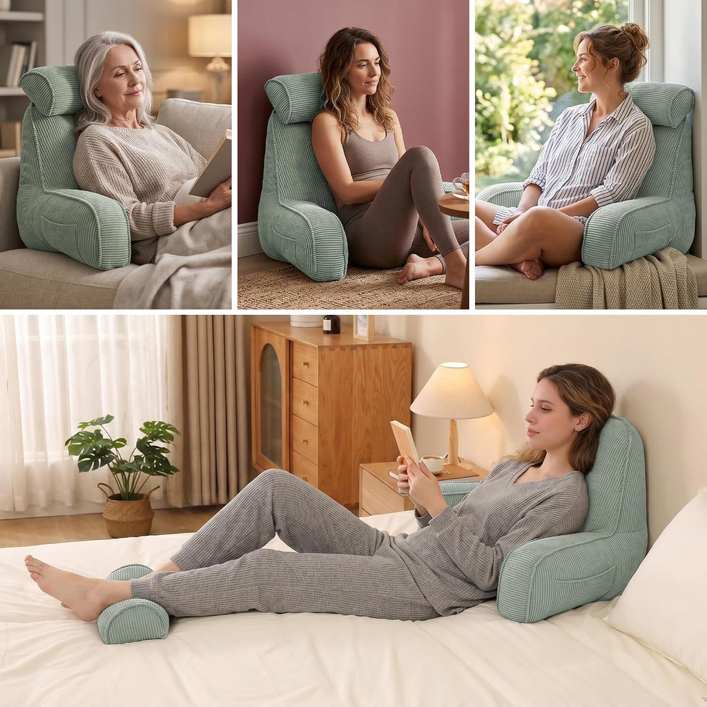 Ailuteie Corduroy Reading Pillow for Sitting Up, Bed Rest Pillow with Arms, Detachable Headrest, Side Pockets & Washable Cover, Back Suppor…