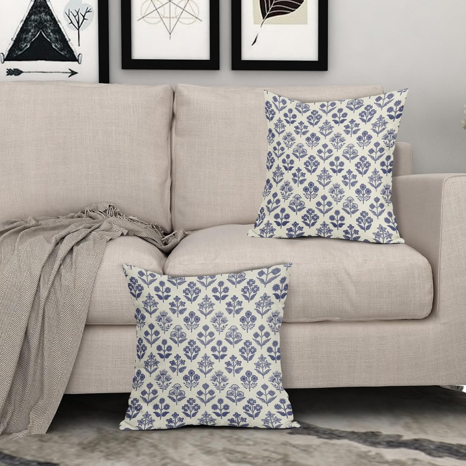 Navy Blue Floral Pillow Covers 22x22 Inch Set of 2, Vintage Flower Block Print Pattern Decorative Throw Pillowcases Outdoor Farmhouse…