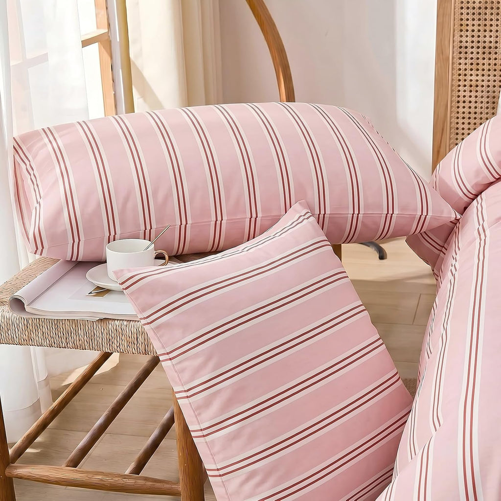Merryword Queen Size Pillowcases, 100% Cotton Pillow Cases, Pink Striped Pillowcases, Soft Breathable Ribbon Stripe Pillow Covers, Set of 2…