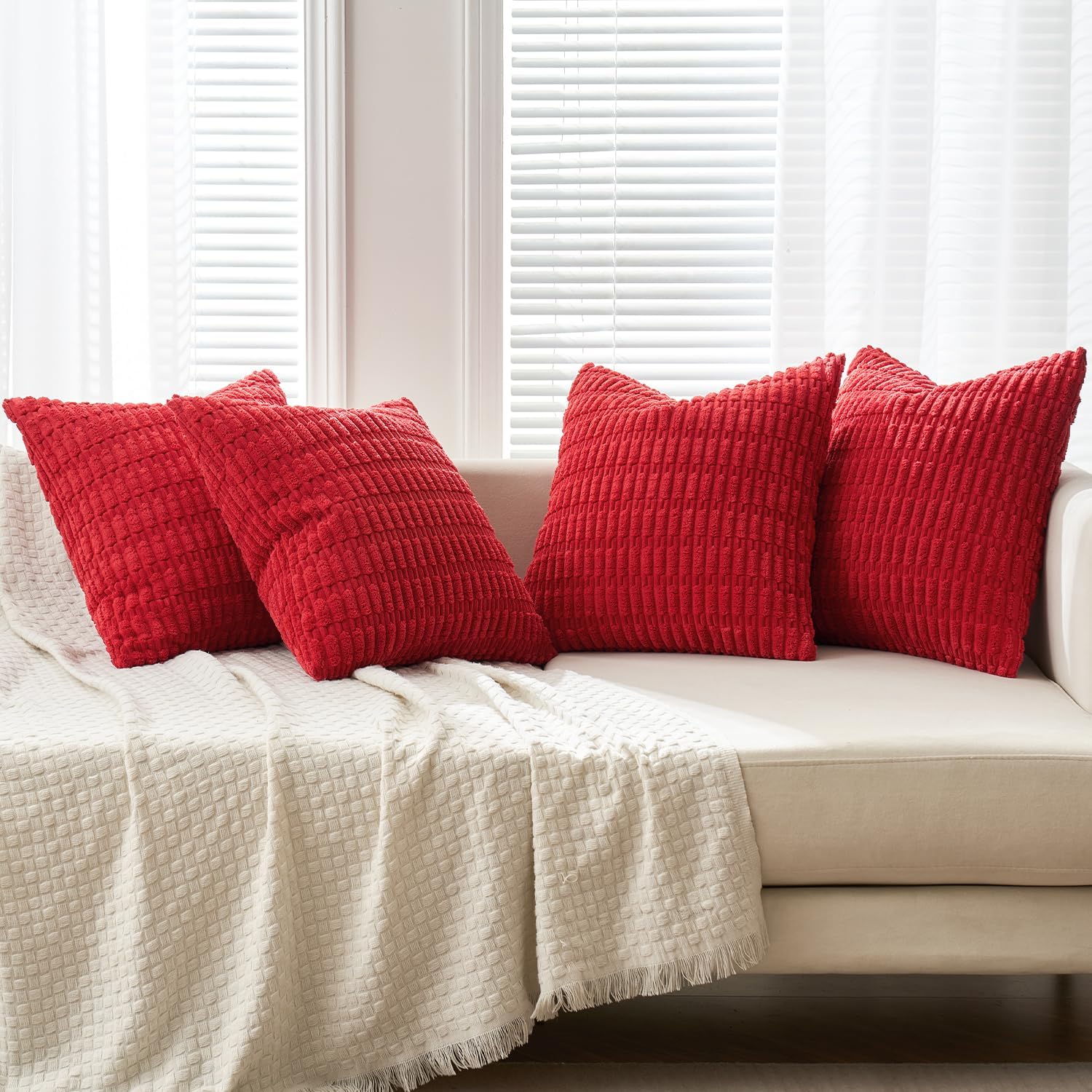 Miulee Pack of 4 Christmas Red Corduroy Decorative Throw Pillow Covers 18x18 Inch Soft Boho Striped Pillow Covers Modern Farmhouse Home Dec…