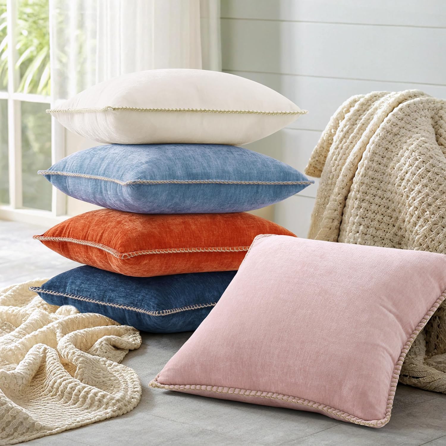 decorUhome Chenille Soft Cozy Throw Pillow Covers 24x24 Set of 2, Modern Farmhouse Boho Velvet Decorative Euro Sham Pillow Cases with Stitc…