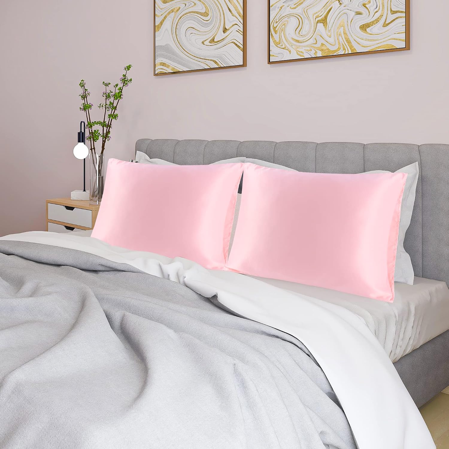 uxcell 2 Pack Silk Satin Pillowcase for Hair and Skin, Cool, Silky, Soft Breathable Pillow Cases King Size 20x36 Inch Sateen Pillowcase Pin…