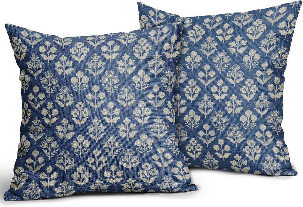 Blue Floral Pillow Covers 22x22 Inch Set of 2, Vintage Flower Block Print Pattern Decorative Throw Pillowcases Outdoor Farmhouse Cushion…