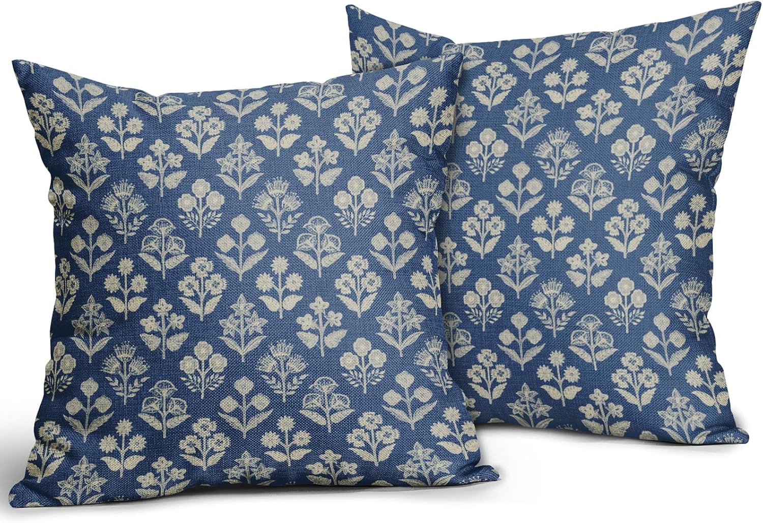 Blue Floral Pillow Covers 22x22 Inch Set of 2, Vintage Flower Block Print Pattern Decorative Throw Pillowcases Outdoor Farmhouse Cushion…