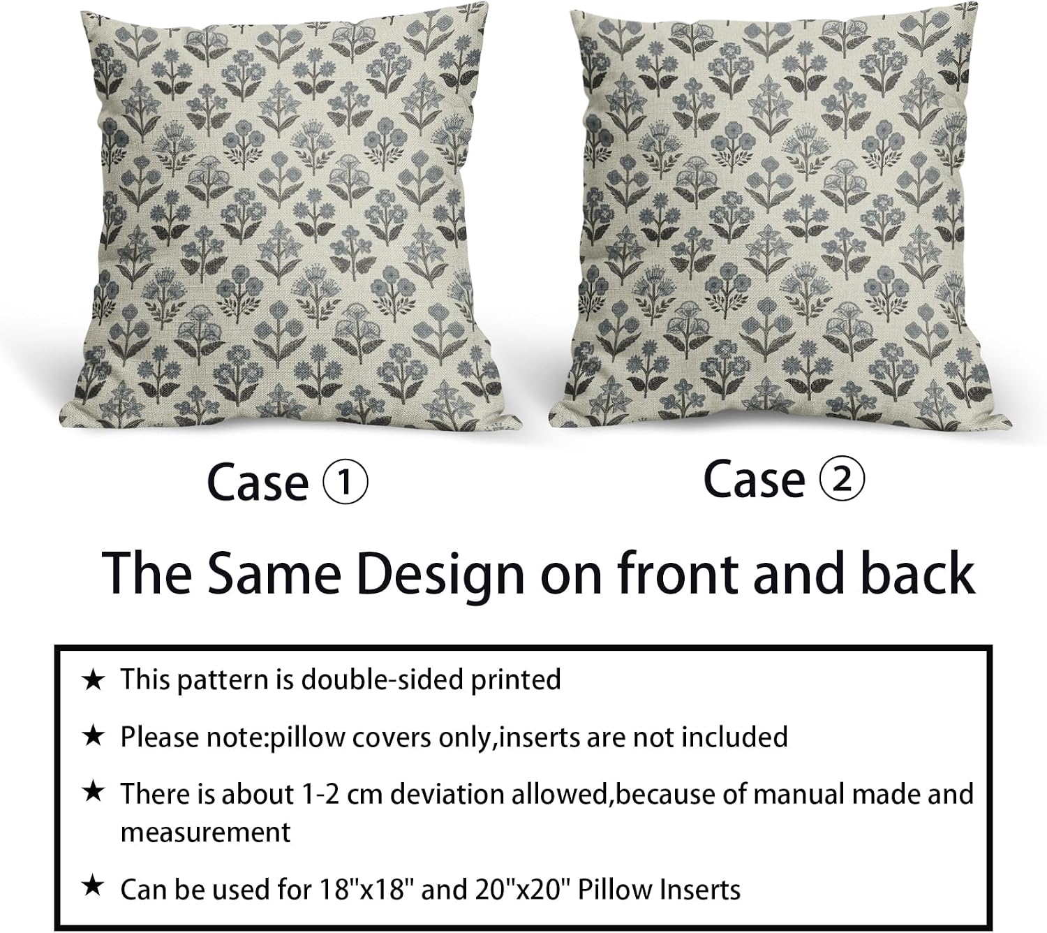 Black Dusty Blue Floral Pillow Covers 18x18 Inch Set of 2, Vintage Flower Block Print Pattern Decorative Throw Pillowcases Outdoor…