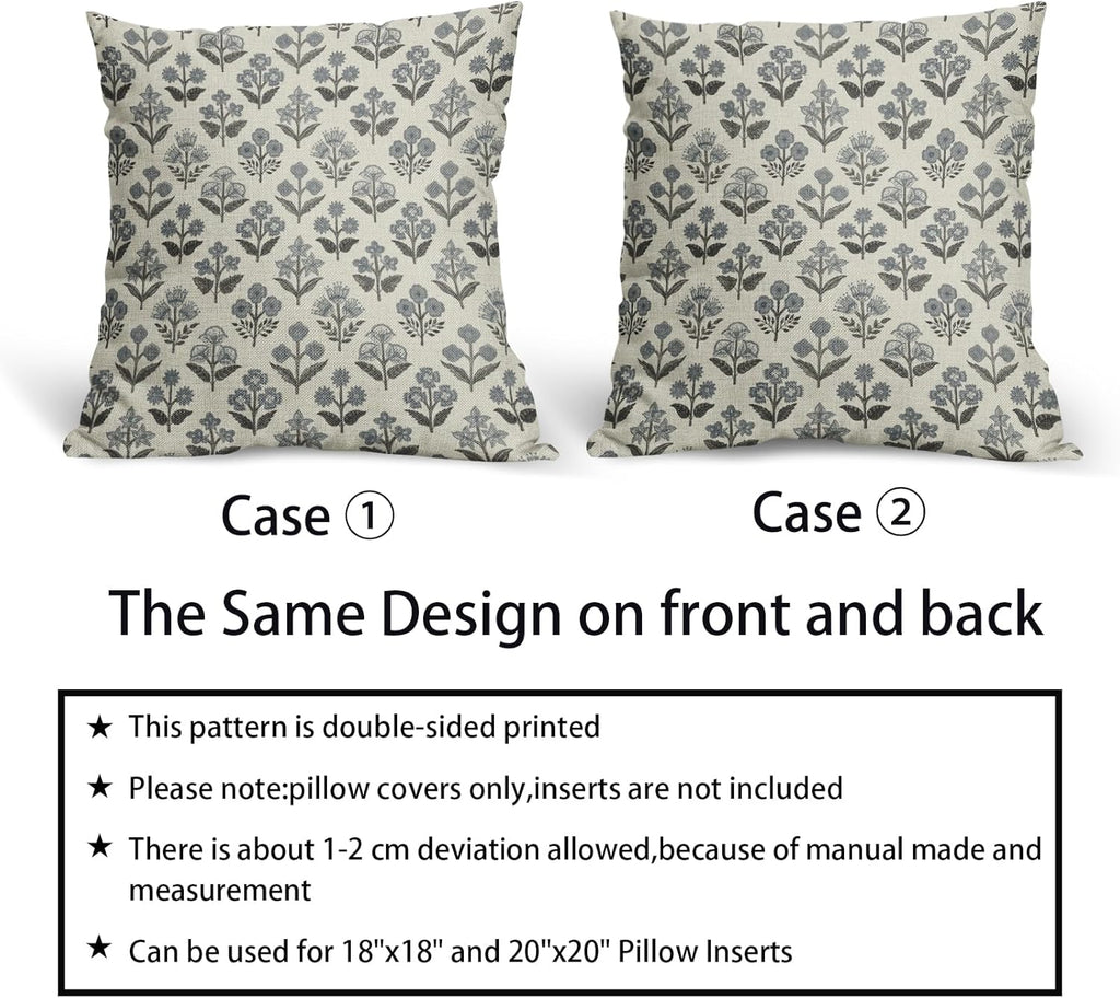 Black Dusty Blue Floral Pillow Covers 20x20 Inch Set of 2, Vintage Flower Block Print Pattern Decorative Throw Pillowcases Outdoor…