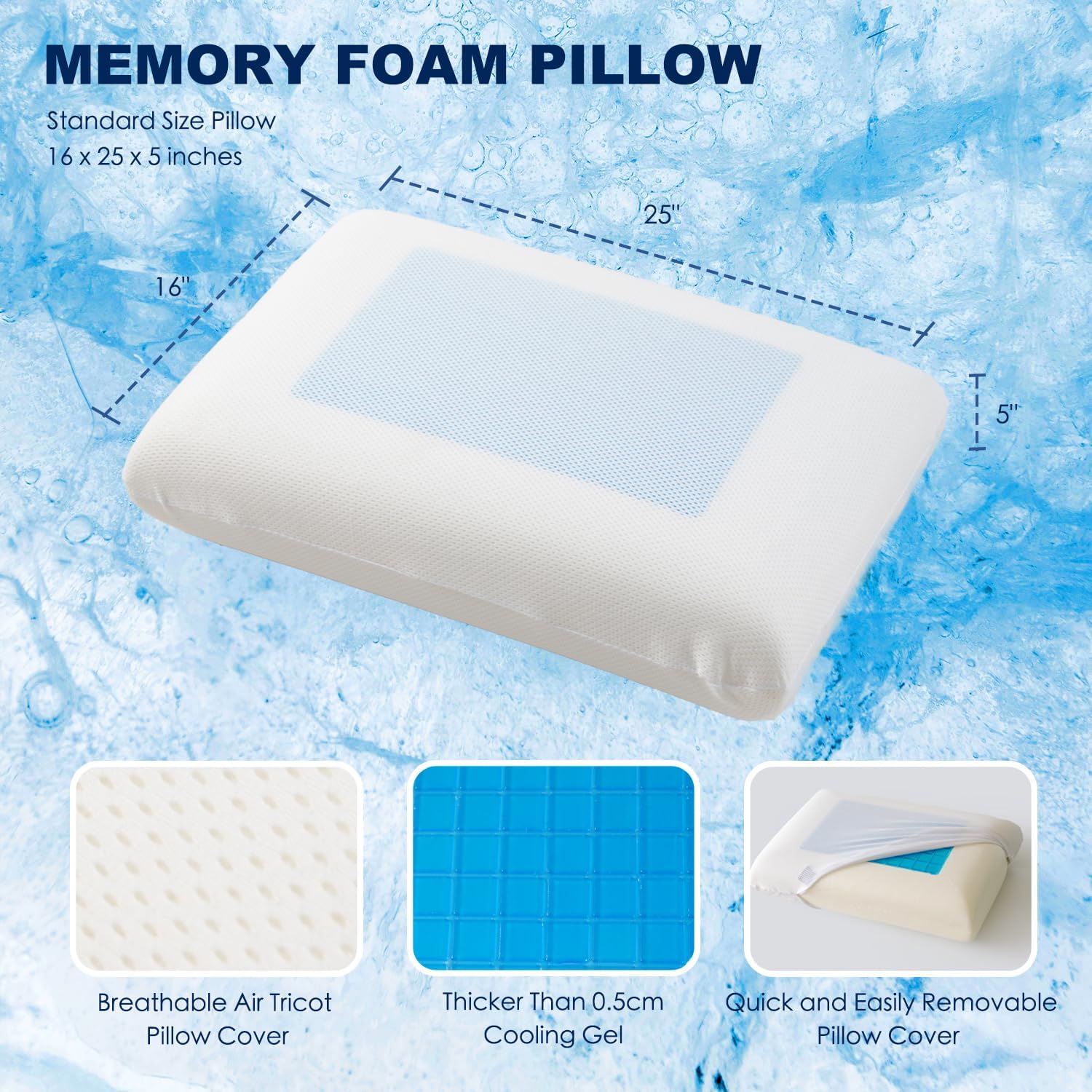 MacinsoHome macinso Gel Cooling Pillows for Sleeping, Cooling Memory Pillows for Side Back Stomach Hot Sleepers, Gel Layer Provides Coolnes…