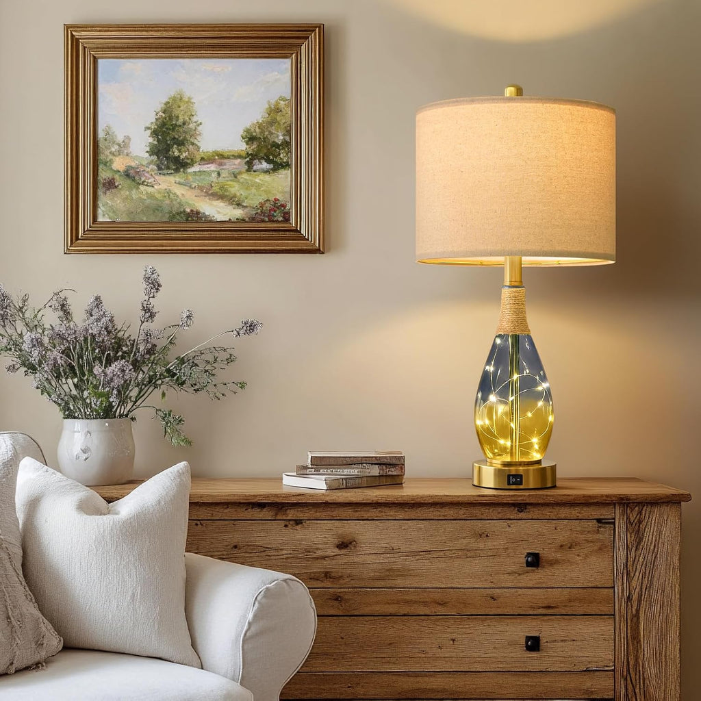 OYEARS 23" Table Lamps for Living Room Set of 2, Bedside Lamps for Night Stands, Rattan Lamps for Bedroom, Farmhouse Lamps with Glass…