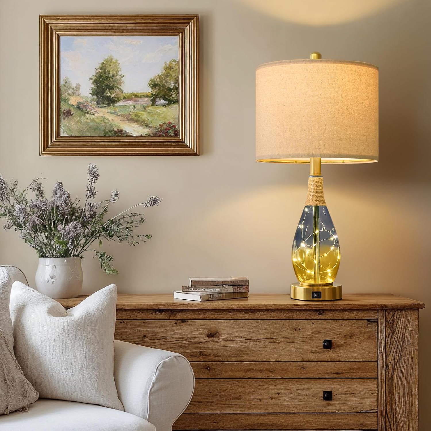 OYEARS 23" Table Lamps for Living Room Set of 2, Bedside Lamps for Night Stands, Rattan Lamps for Bedroom, Farmhouse Lamps with Glass…