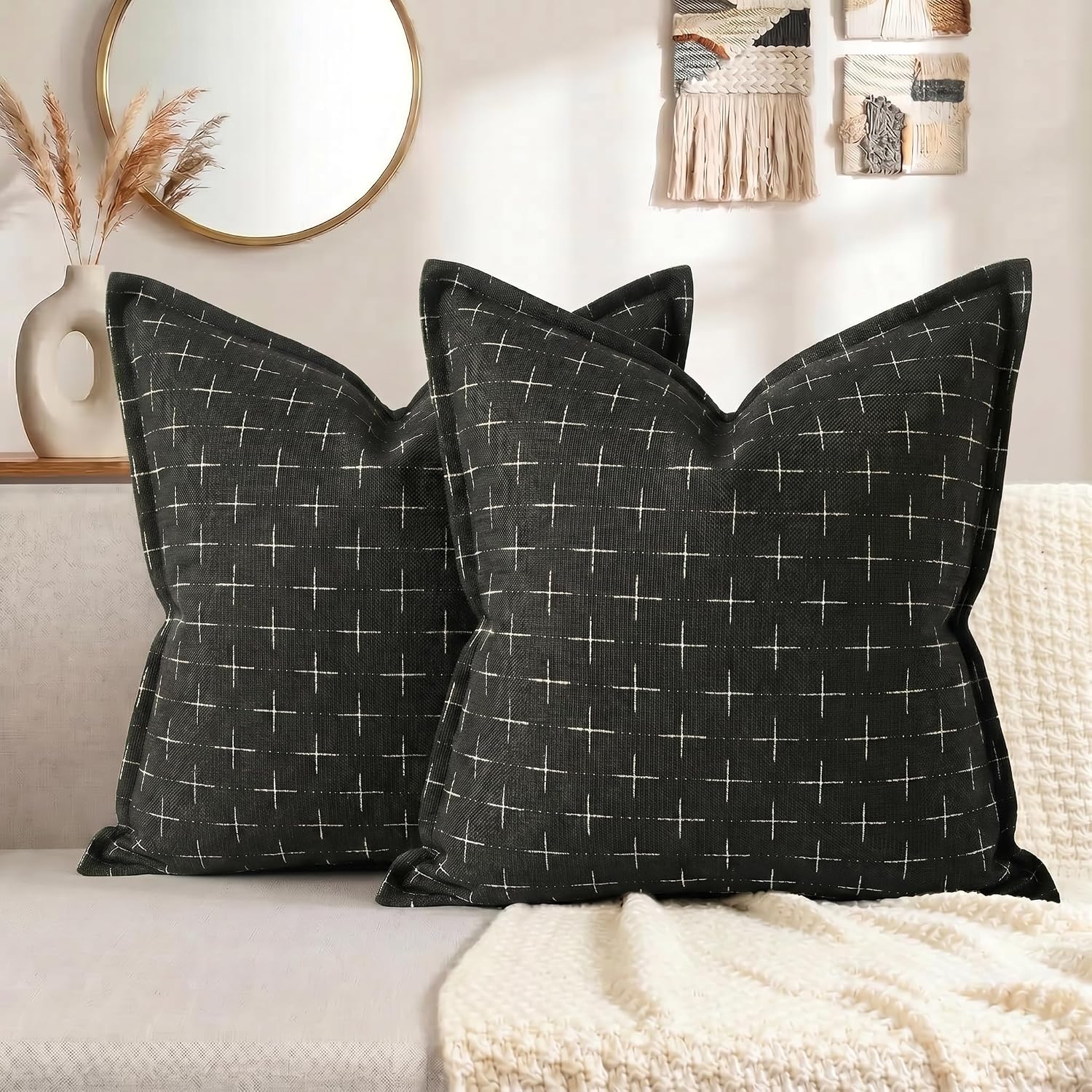 AVOINcolorlife AVOIN colorlife Pack of 2 Decorative Throw Pillow Covers 20x20 Inch, Flange Edges Woven Textured Cushion Case Home Decor for…