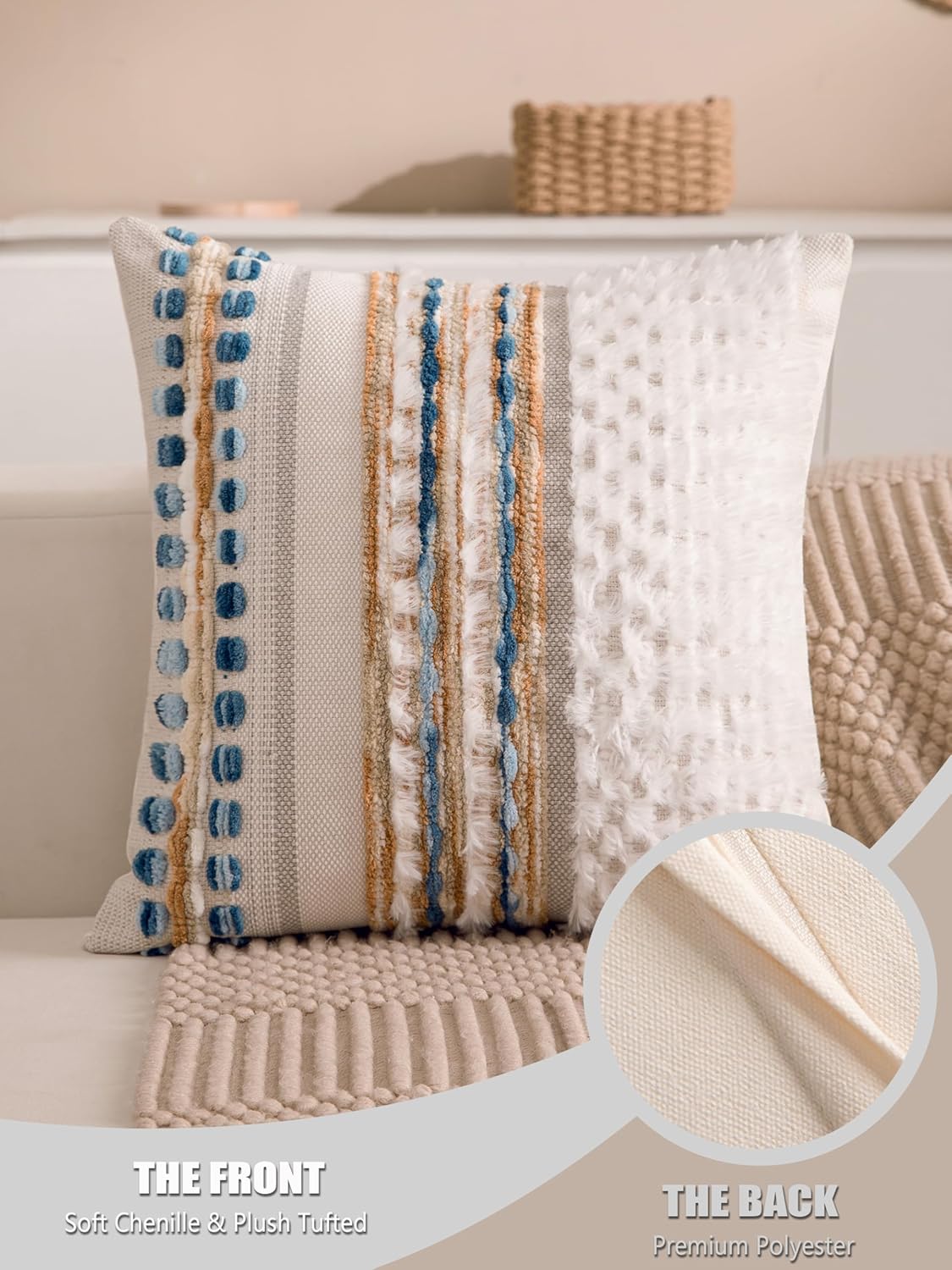 Boho Chenille Tufted Couch Throw Pillow Covers 18x18 Inch Set of 2 Farmhouse Striped Decorative Pillow Covers Accent Neutral Pillowcase…