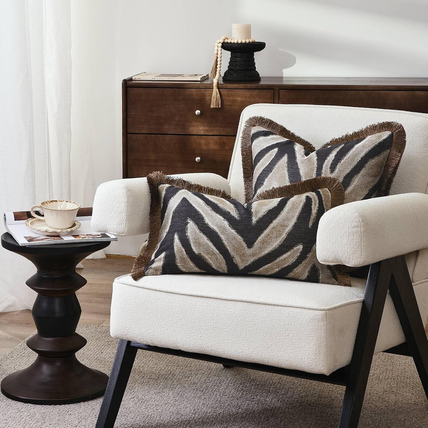 Aibuhome Designer Zebra Throw Pillow Cover with Brown Fringe, Luxury Zebra Pattern Jacquard Design Decorative Pillow Cover for Modern & Cla…