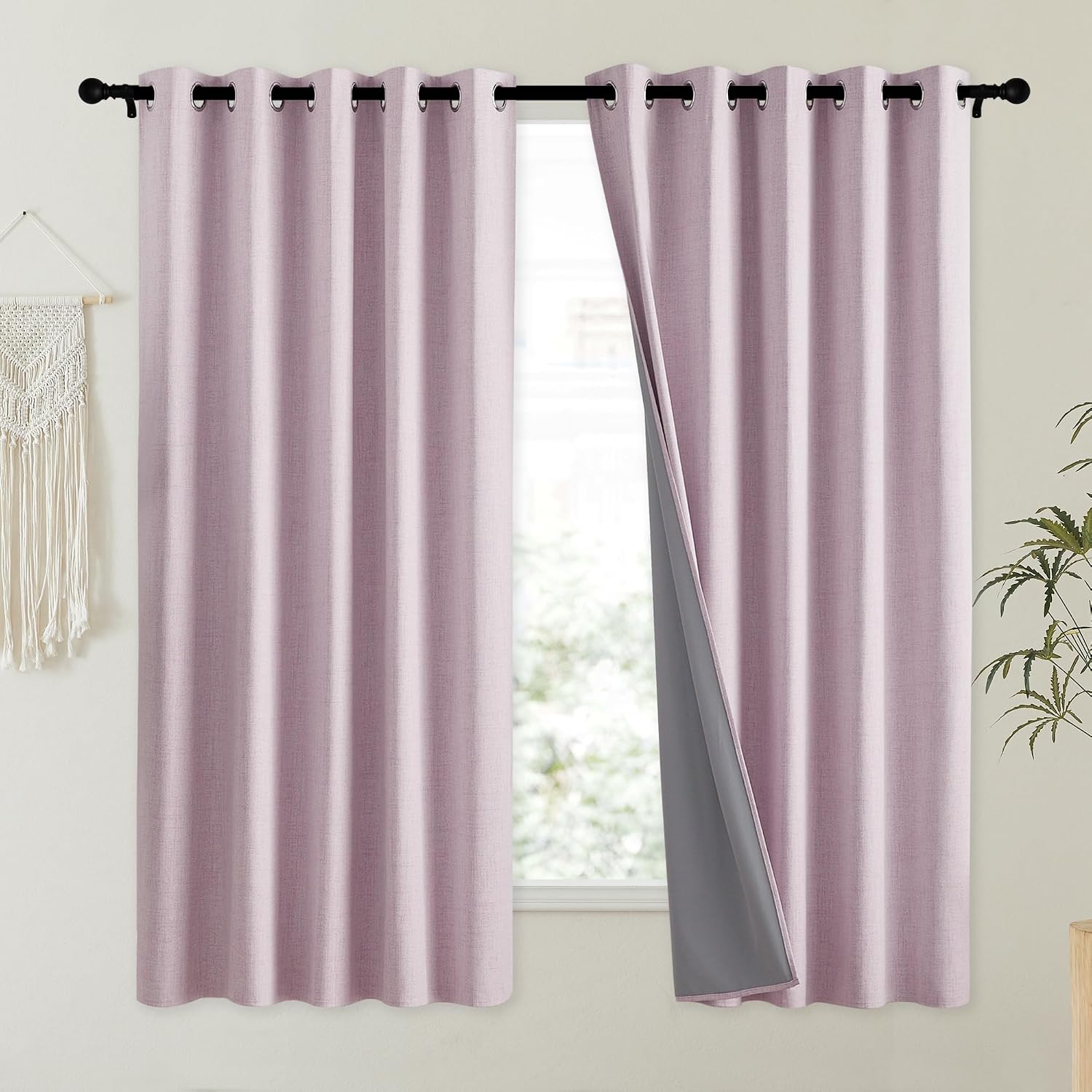 NICETOWN Pink Vintage Linen 100% Blackout Curtains for Kitchen, Thermal Insulated Curtains 63" Long, Noise Reducing Window Treatment…
