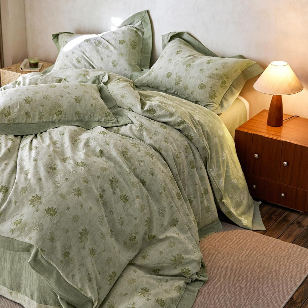 mixinni Yarn-Dyed Jacquard Duvet Cover Queen, Green Botanical Leaf Print 3-Piece Bedding Set with Wide Edge Piping, Soft Breathable Double…