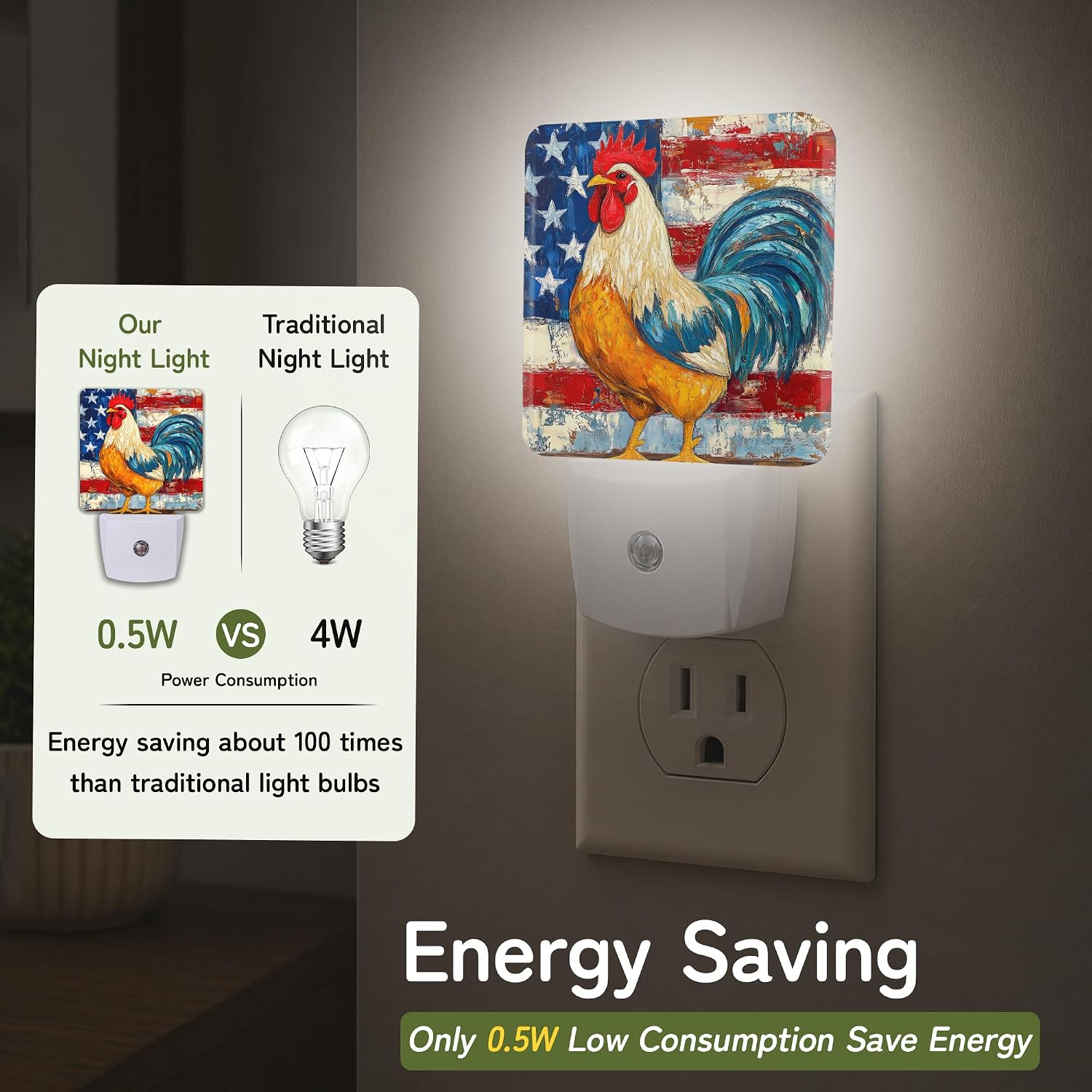 Night Light, Patriotic Rooster Flag Night Lights Plug into Wall Decor for Bedroom Bathroom Hallway Kitchen, Dusk to Dawn Sensor Gift for…