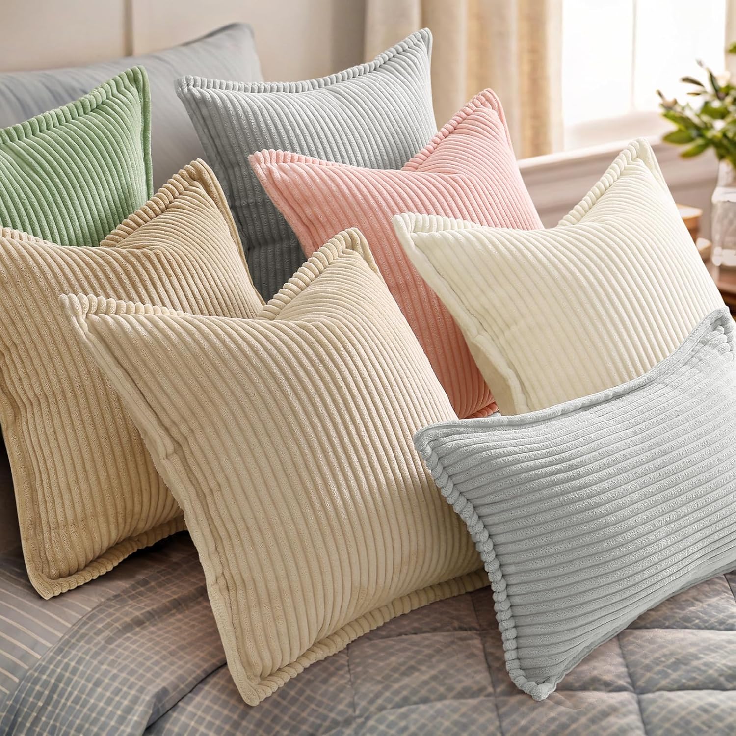 decorUhome Summer Corduroy Cream White Euro Sham Throw Pillow Covers 26x26 Set of 2 Decorative Soft Boho Farmhouse Couch Pillow Covers for…