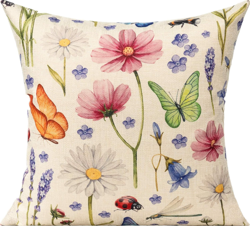 All Smiles Outdoor Patio Throw Pillow Covers 18x18 Set of 4 Spring Summer Garden Flowers Farmhouse Décor Outside Furniture Bench Chair…
