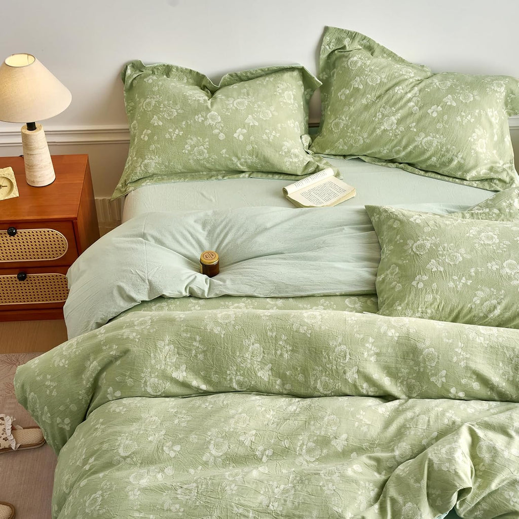 mixinni 100% Washed Cotton Cover Set, Reversible Vintage Green Floral Butterfly Jacquard Textured Comforter Cover, Boho Farmhouse Bedding S…