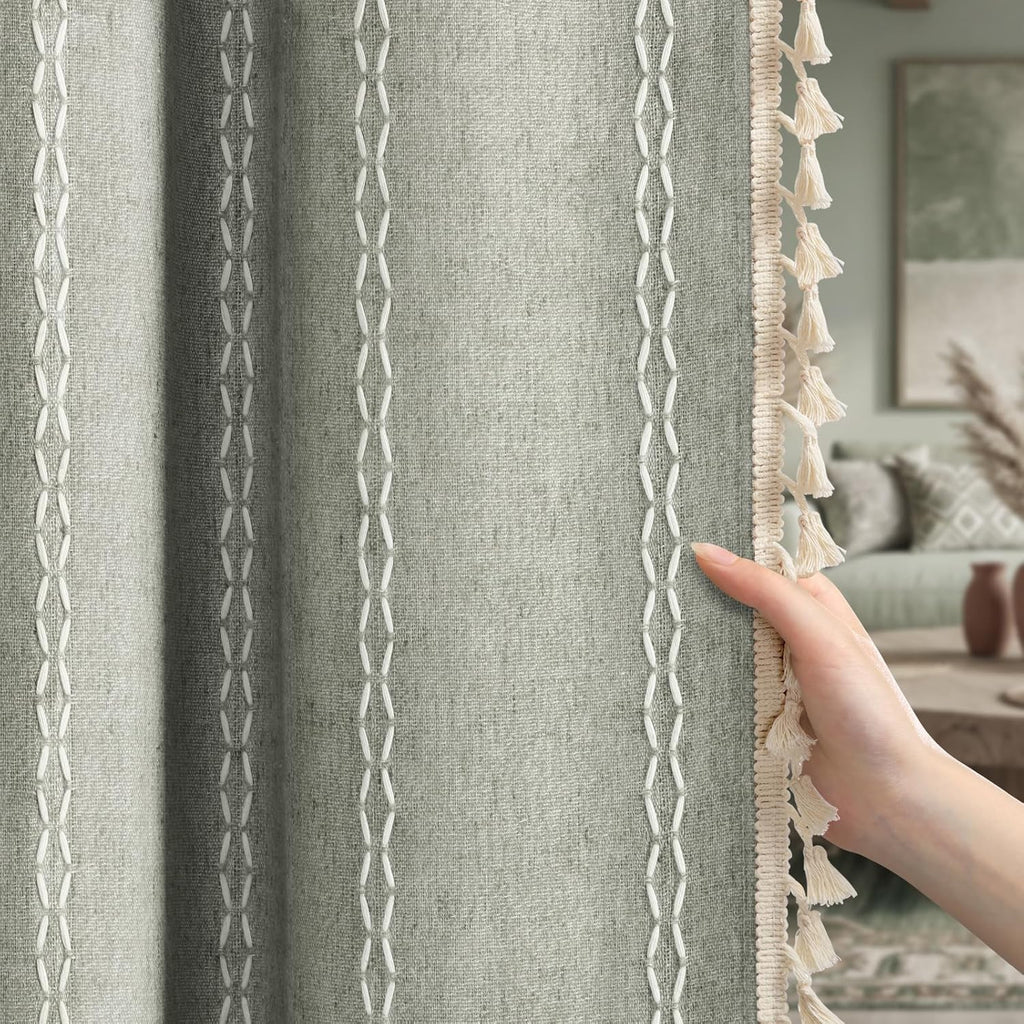 XOGUIBO Boho Blackout Curtains 96 Inches Long Sage Green Linen Blend 2 Panels with Tassels and Cotton Embroidery, Farmhouse Vintage…