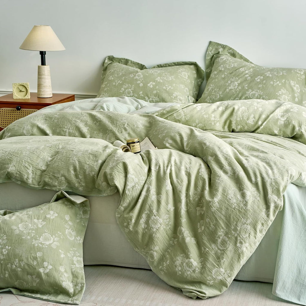 mixinni 100% Washed Cotton Cover Set, Reversible Vintage Green Floral Butterfly Jacquard Textured Comforter Cover, Boho Farmhouse Bedding S…