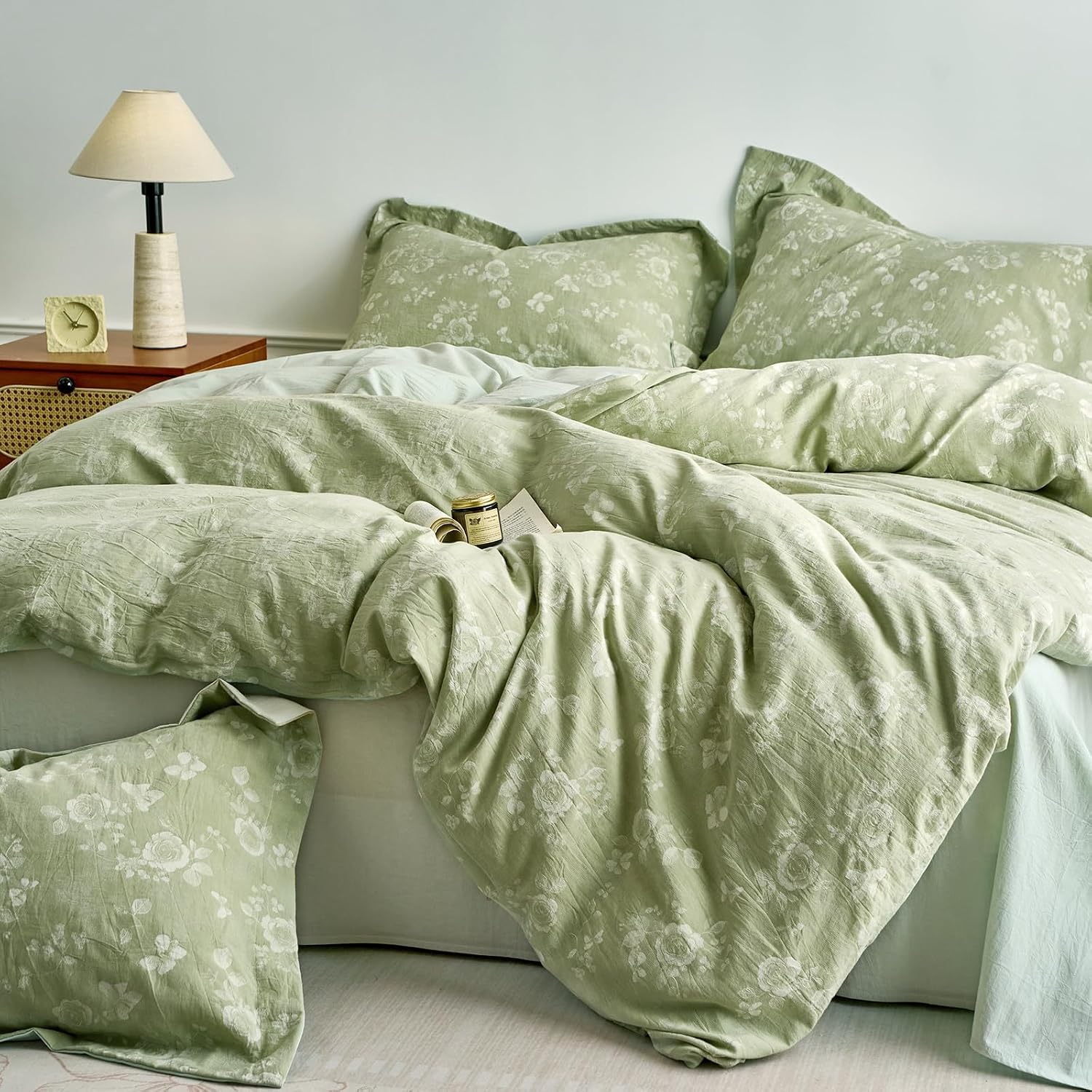 mixinni 100% Washed Cotton Cover Set, Reversible Vintage Green Floral Butterfly Jacquard Textured Comforter Cover, Boho Farmhouse Bedding S…