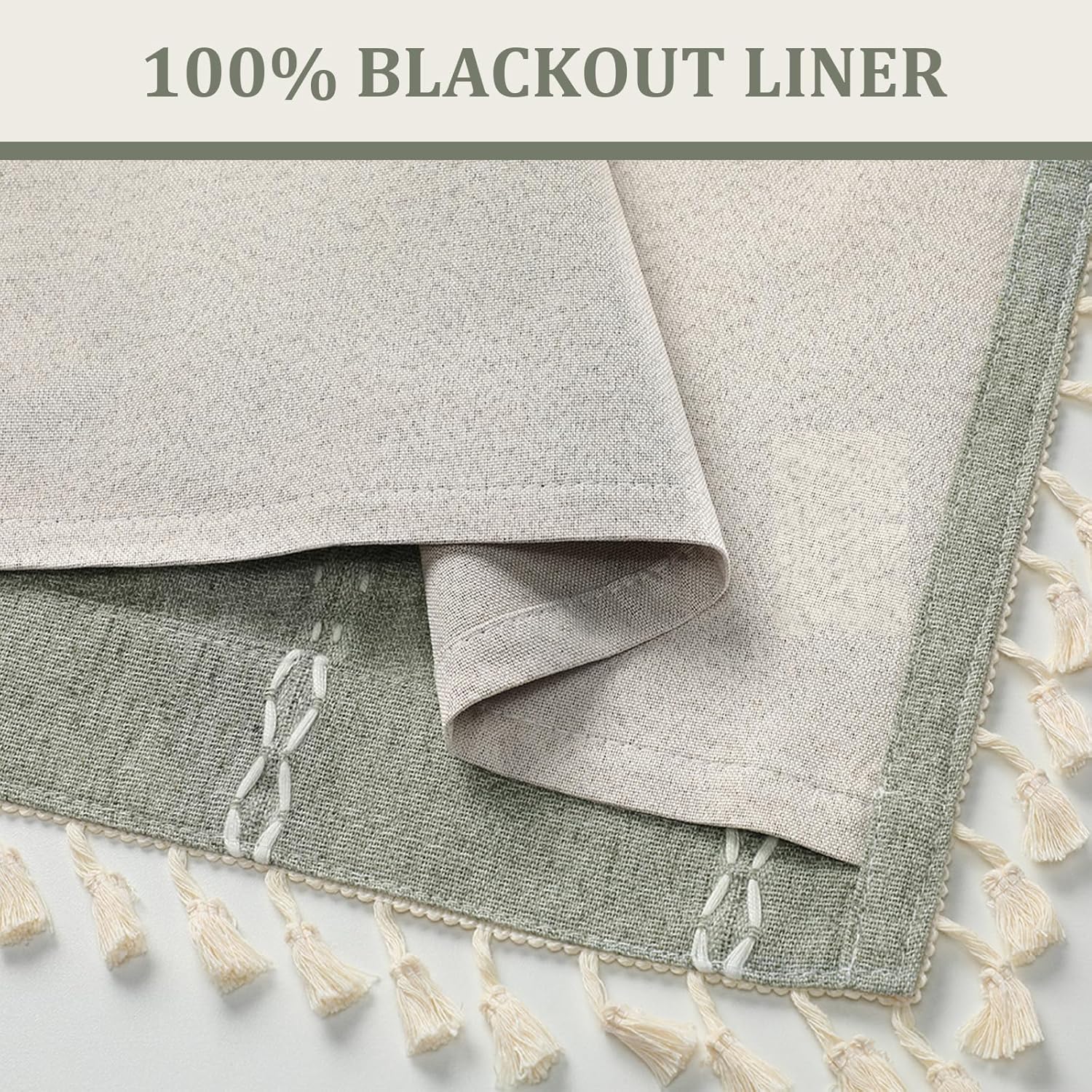 XOGUIBO Boho Blackout Curtains 63 Inches Long Sage Green Linen Blend 2 Panels with Tassels and Cotton Embroidery, Farmhouse Vintage…