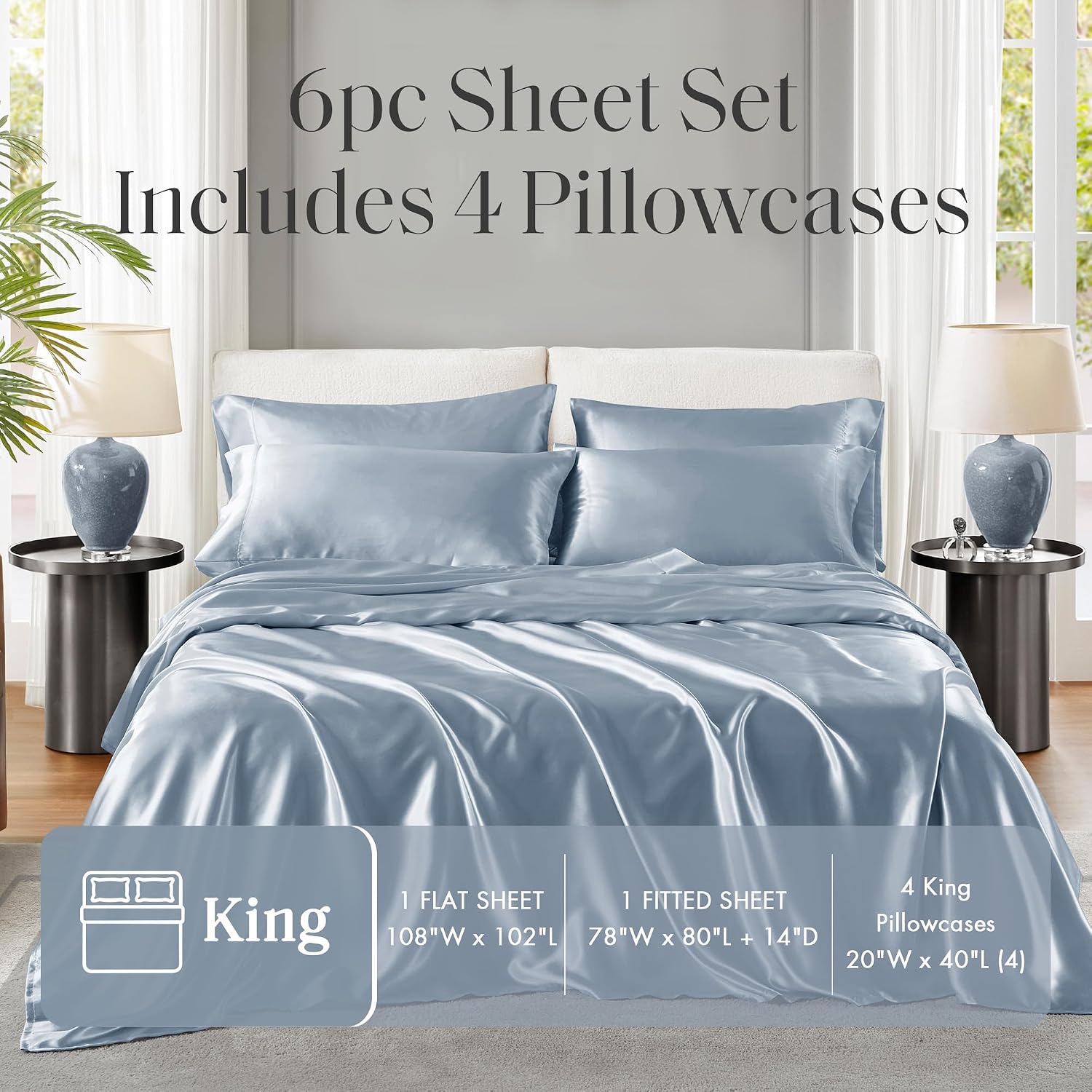 Madisonpark Madison Park Satin Sheets King Size, Luxurious Silky Bed Sheets, Elastic 14" Pocket fits up to 16" Mattress, Wrinkle-Free, Soft…