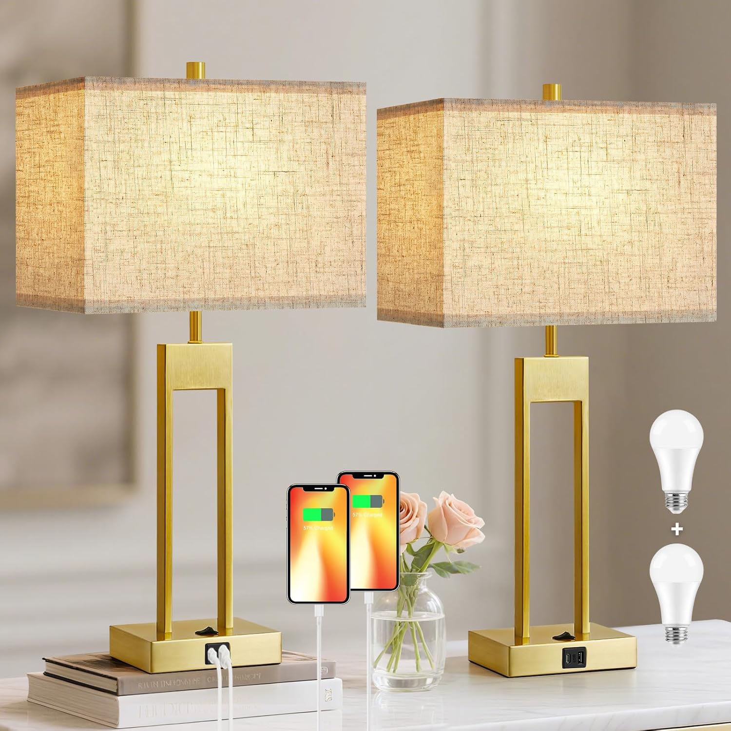 Extra Large 25.5" Nightstand Table Lamps for Bedrooms Set of 2, Bedside Lamp with USB C+A, Colors Changeable Living Room Lamp, Modern…