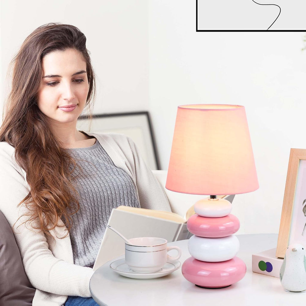 Ange Pink Small Table Lamp for Living Room as Bedside Table Lamp for Bedroom, Modern Ceramic Kids Night Table Lamp, Φ6.5×H12.44IN, Bulb…