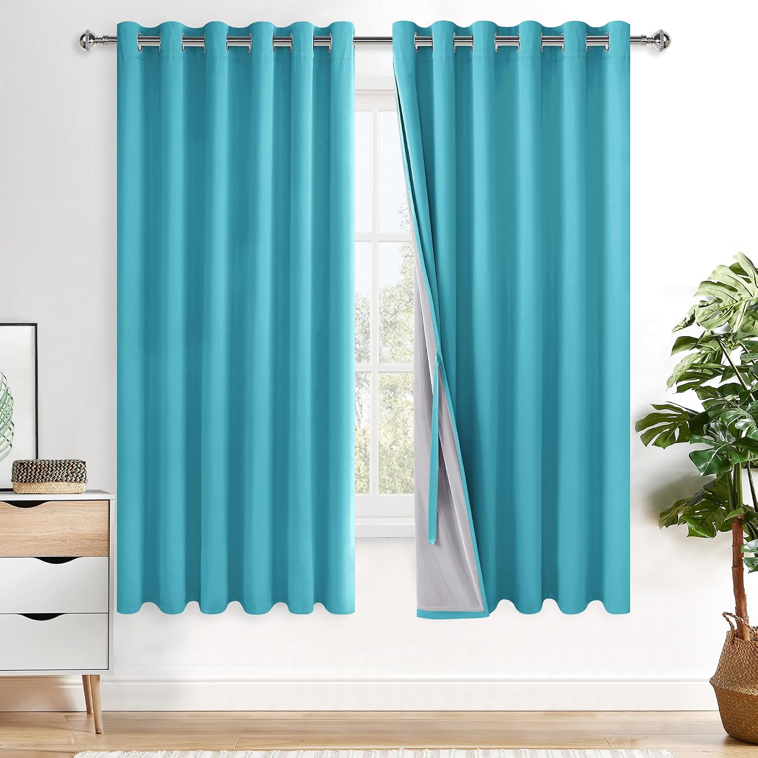 Xwzo 100% Blackout Curtains 63 Inches Long with Tiebacks- Completely Shaded & Energy Saving Large Window Panels with Black Liner for Living…
