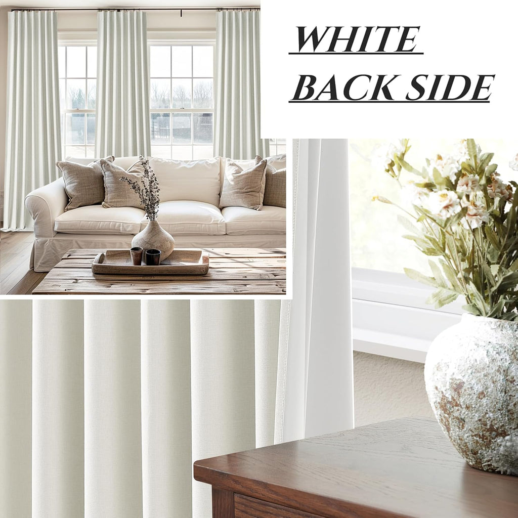Qjmydeco Beige White 100 Inch Bedroom Curtains Blackout, Country Cottage Core Thick Linen Pleat Window Drapes for Nursery Kids Room Thermal…