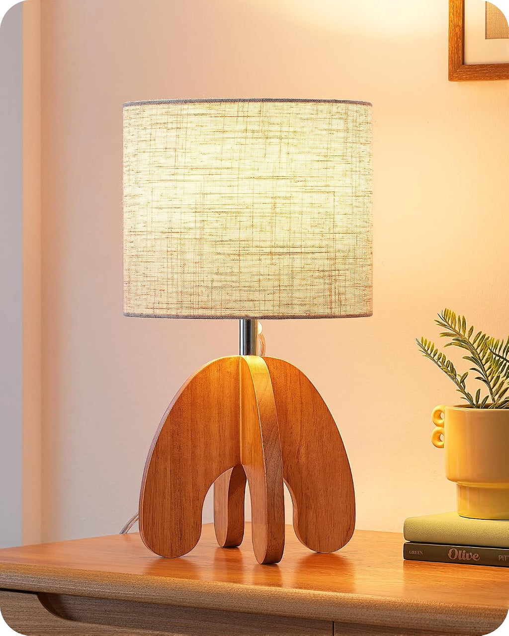 EDISHINE Wood Table Lamp, Small Nightstand Lamp with Beige Linen Lampshade, Integrated Four-Legged Wooden Base, End Bedside Lamp for…