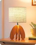 EDISHINE Wood Table Lamp, Small Nightstand Lamp with Beige Linen Lampshade, Integrated Four-Legged Wooden Base, End Bedside Lamp for…