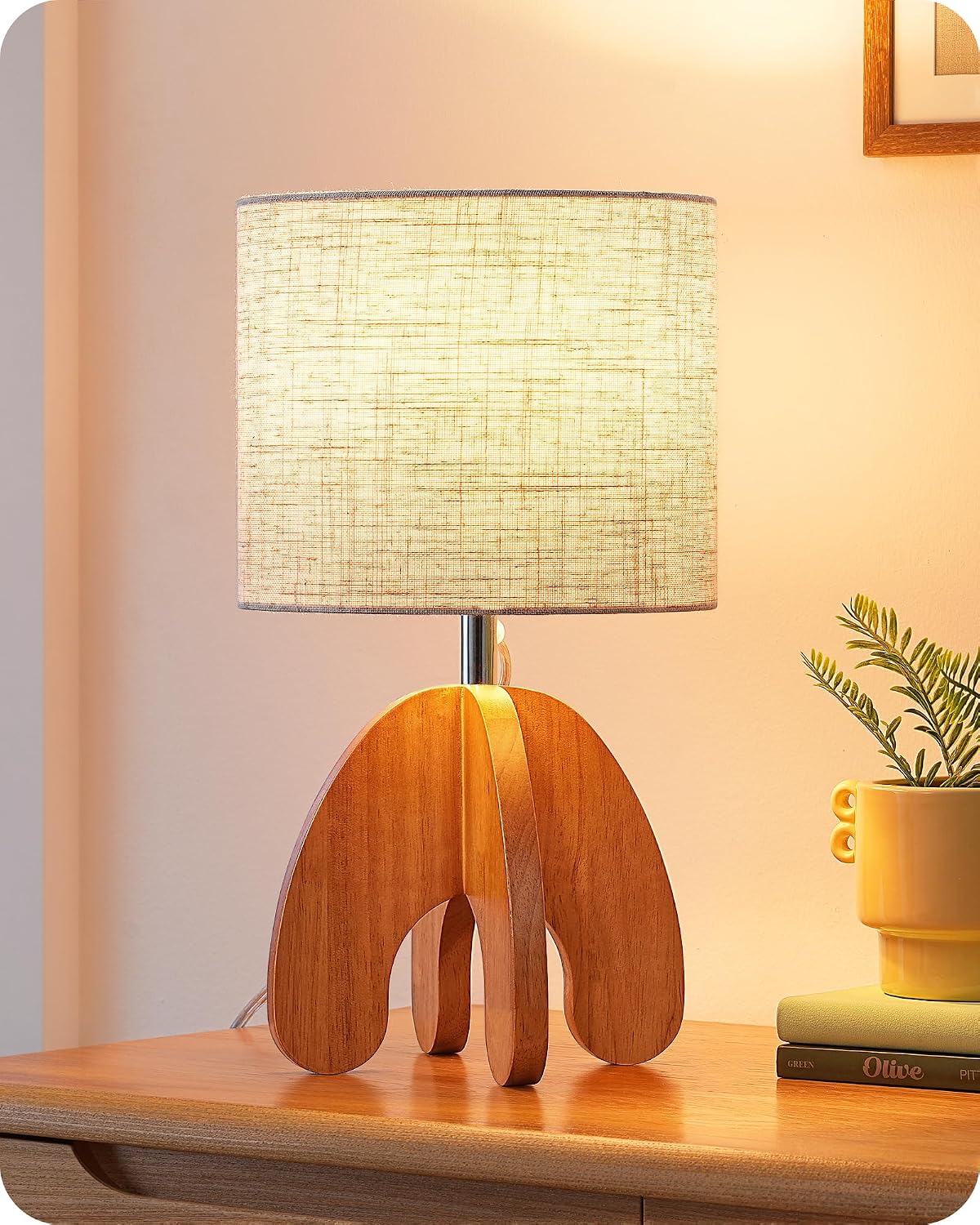 EDISHINE Wood Table Lamp, Small Nightstand Lamp with Beige Linen Lampshade, Integrated Four-Legged Wooden Base, End Bedside Lamp for…