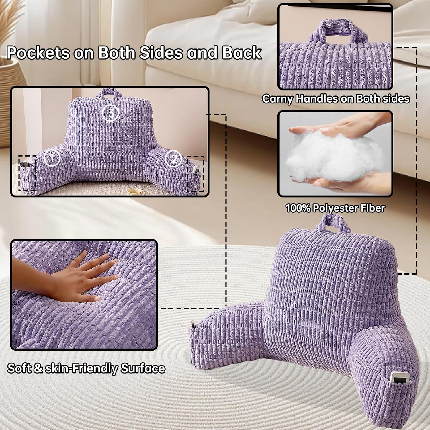 Pajeo Extra Large Sitting Pillow for Bed,19" Reading Pillow for Sitting Up with Arms, Oeko-TEX Certified Sturdy Backrest for Couch & Floor S…
