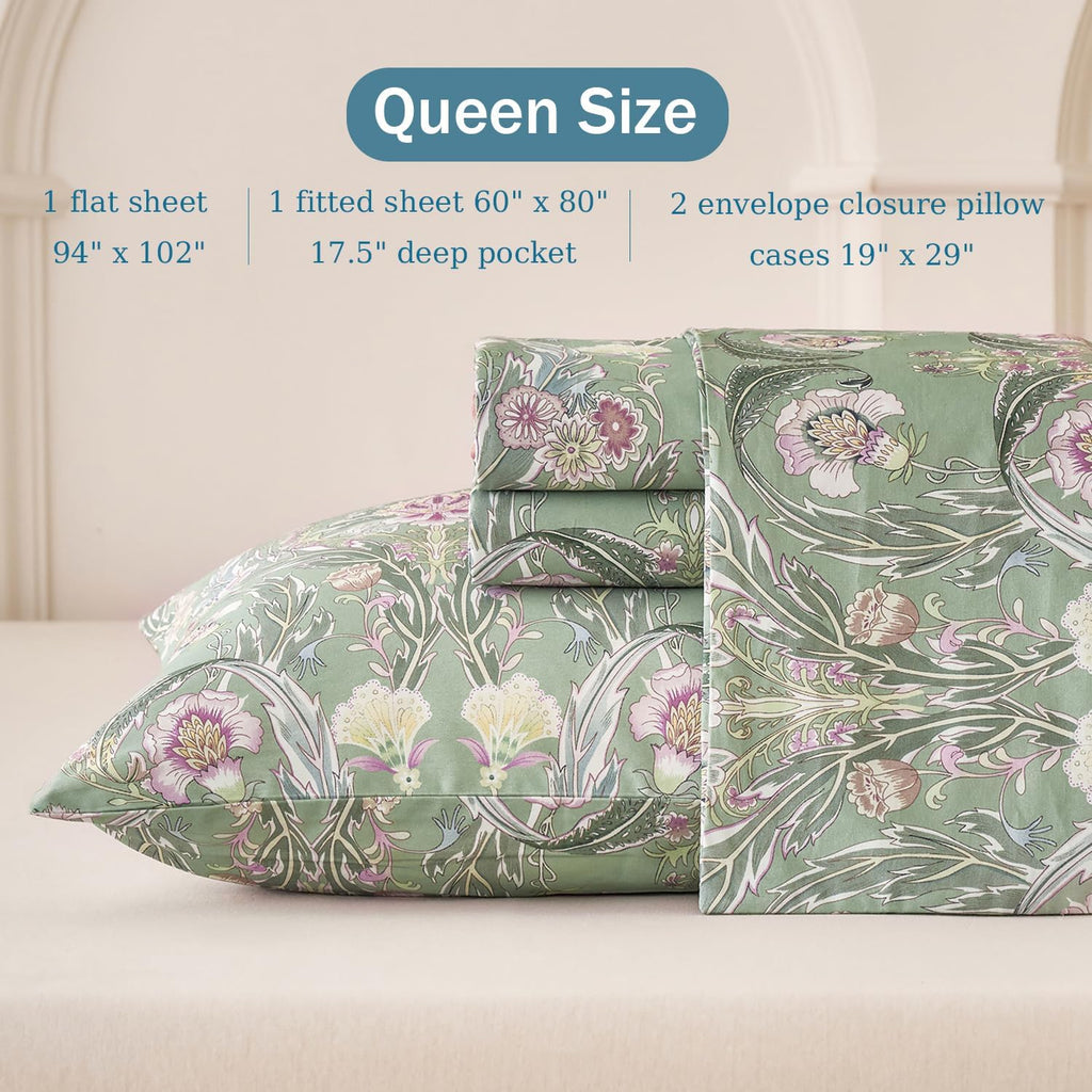 Softtouchsweetdreams Boho Sheets Silky Green Floral Bed Sheet Set Queen Size 100% Cotton Satin Weave Botanical Leaf Printed Cooling Sheets…