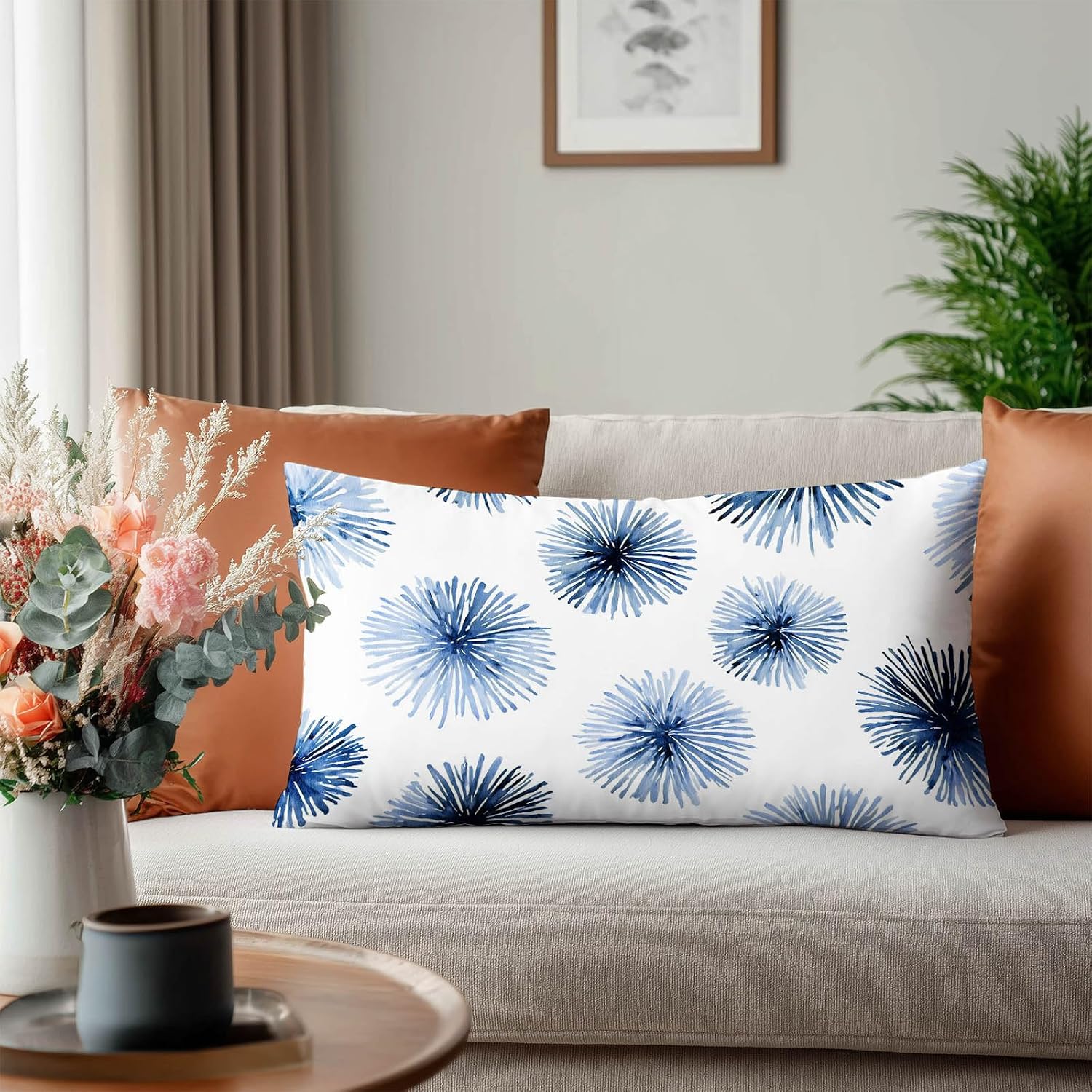 HOMETITUTE Pillow Covers Decorative Pack of 2 Satin 12x20 Inch Blue Abstract Floral Art Lumbar Throw Pillow Cases for Sofa Couch Living…