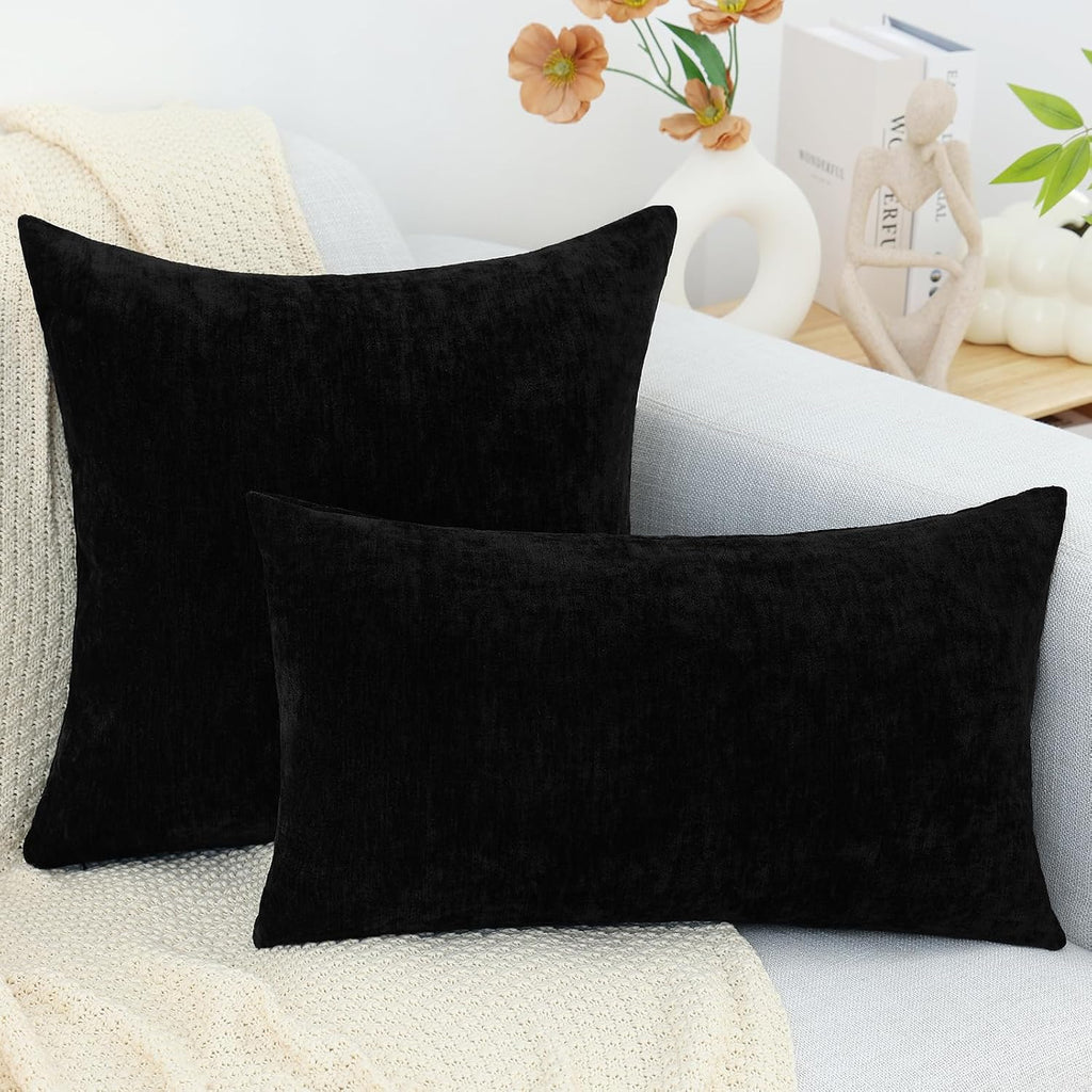 decorUhome Chenille Black Throw Pillow Covers 18x18 Inch Set of 2, Decorative Soft Couch Pillow Covers Solid Dyed Accent Farmhouse Neutral…