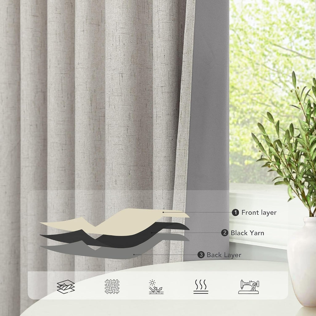 Pitalk Blackout Linen Curtains 96 Inches Long for Living Room 2 Panel Set Black Out Light Blocking Back Tab Neutral Boho Farmhouse 96 Inch…