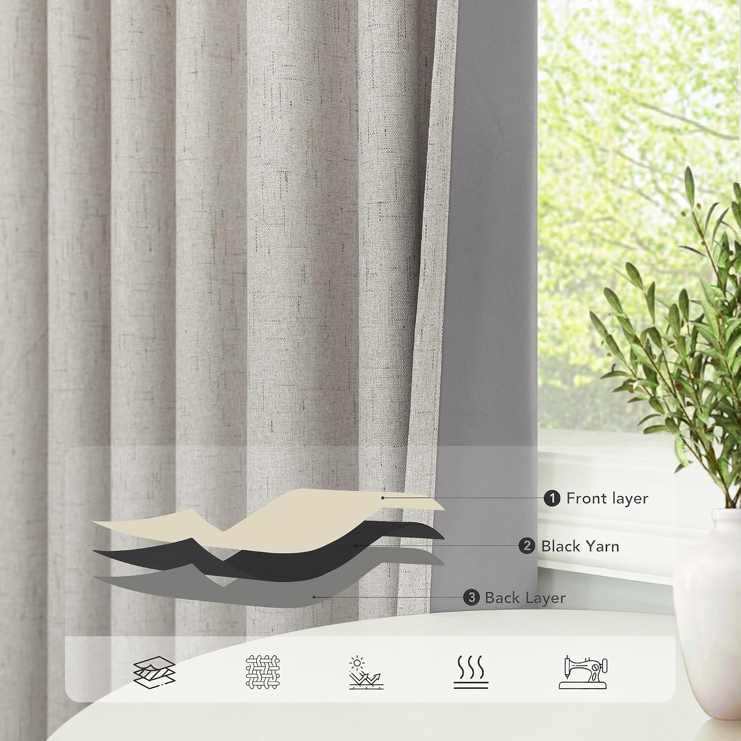 Pitalk Blackout Linen Curtains 96 Inches Long for Living Room 2 Panel Set Black Out Light Blocking Back Tab Neutral Boho Farmhouse 96 Inch…