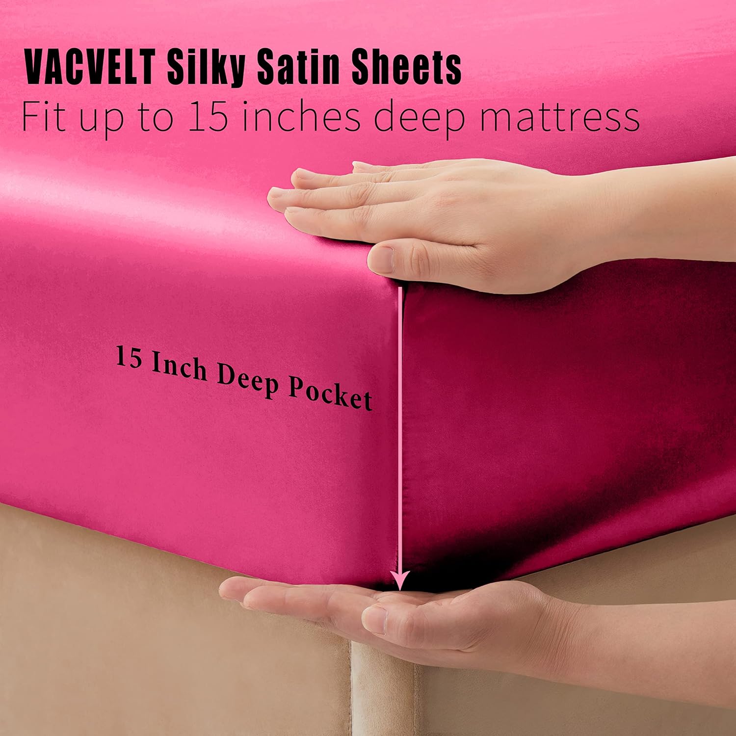 VACVELT 4pcs Hot Pink Satin Sheets King Size Bed Set, 15 Inch Deep Pocket Silky Satin Sheet Set, Soft Satin Bedding Set Cooling & Luxury…