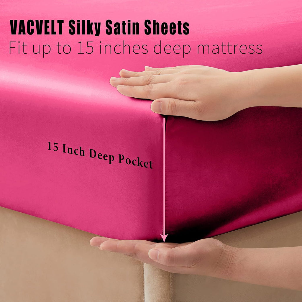 VACVELT 4pcs Hot Pink Satin Sheets Queen Size Bed Set, 15 Inch Deep Pocket Silky Satin Sheet Set, Soft Satin Bedding Set Cooling & Luxury…