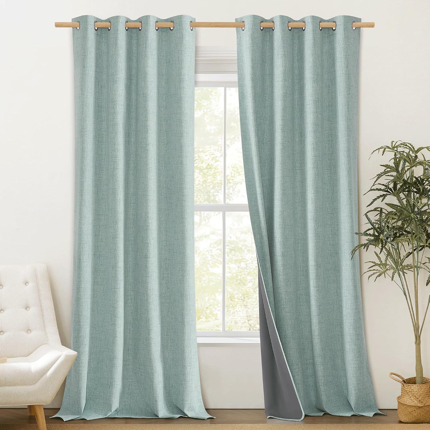 NICETOWN 100% Absolutely Blackout Linen Curtains with Thermal Insulated Liner, Seafoam Green, 52" Wide, 102" Length Energy Saving…