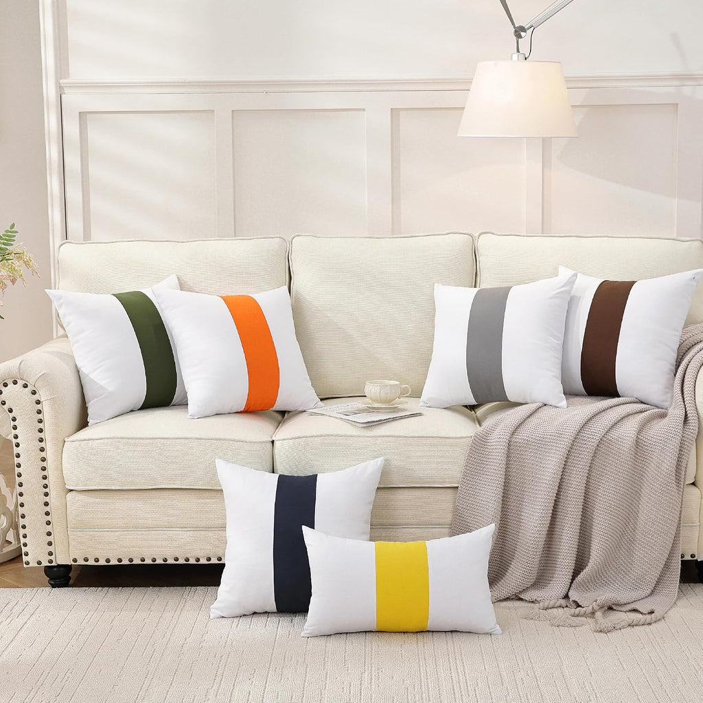 TAOSON Set of 2, 100% Cotton Canvas Patchwork Throw Pillow Covers 12x20 Inch Modern Navy Blue Striped Pillow Cushion Covers Farmhouse…